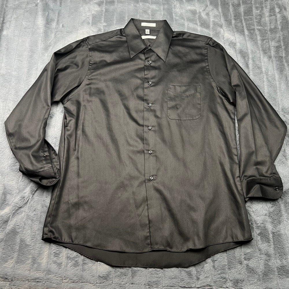 Geoffrey Beene Mens Black Sateen Wrinkle Free Dress Shirt 16.5 34/35 Large